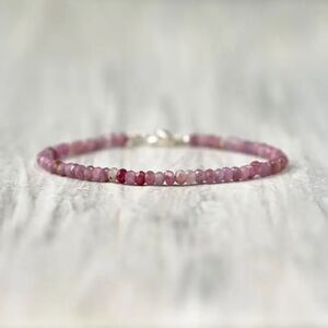 Pink Tourmaline Natural Stone Beaded Bracelet Anklet Adjustable Gemstone Dainty